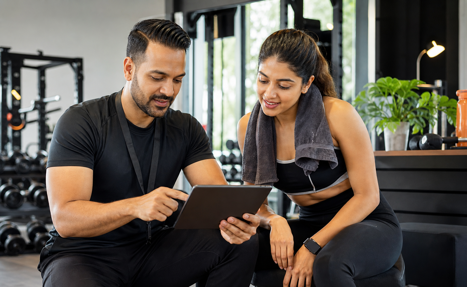 Personal trainer discussing a fitness plan with a gym member