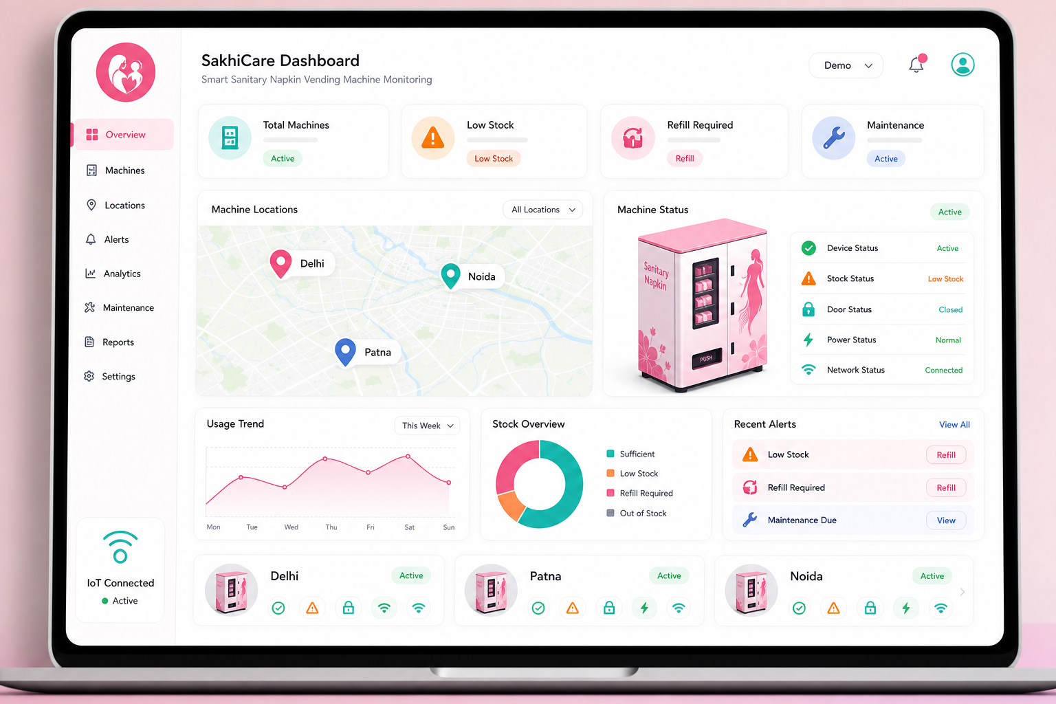 Sample SakhiCare IoT dashboard for vending machine stock refill alerts and location monitoring