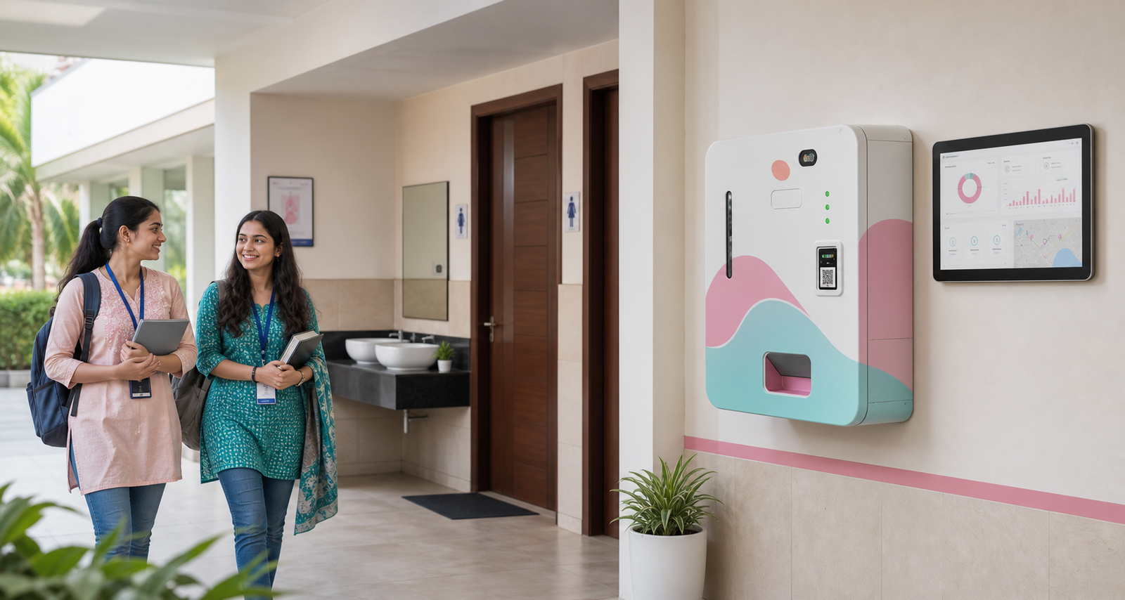 SakhiCare smart sanitary napkin vending machine installed in an Indian institution with IoT dashboard
